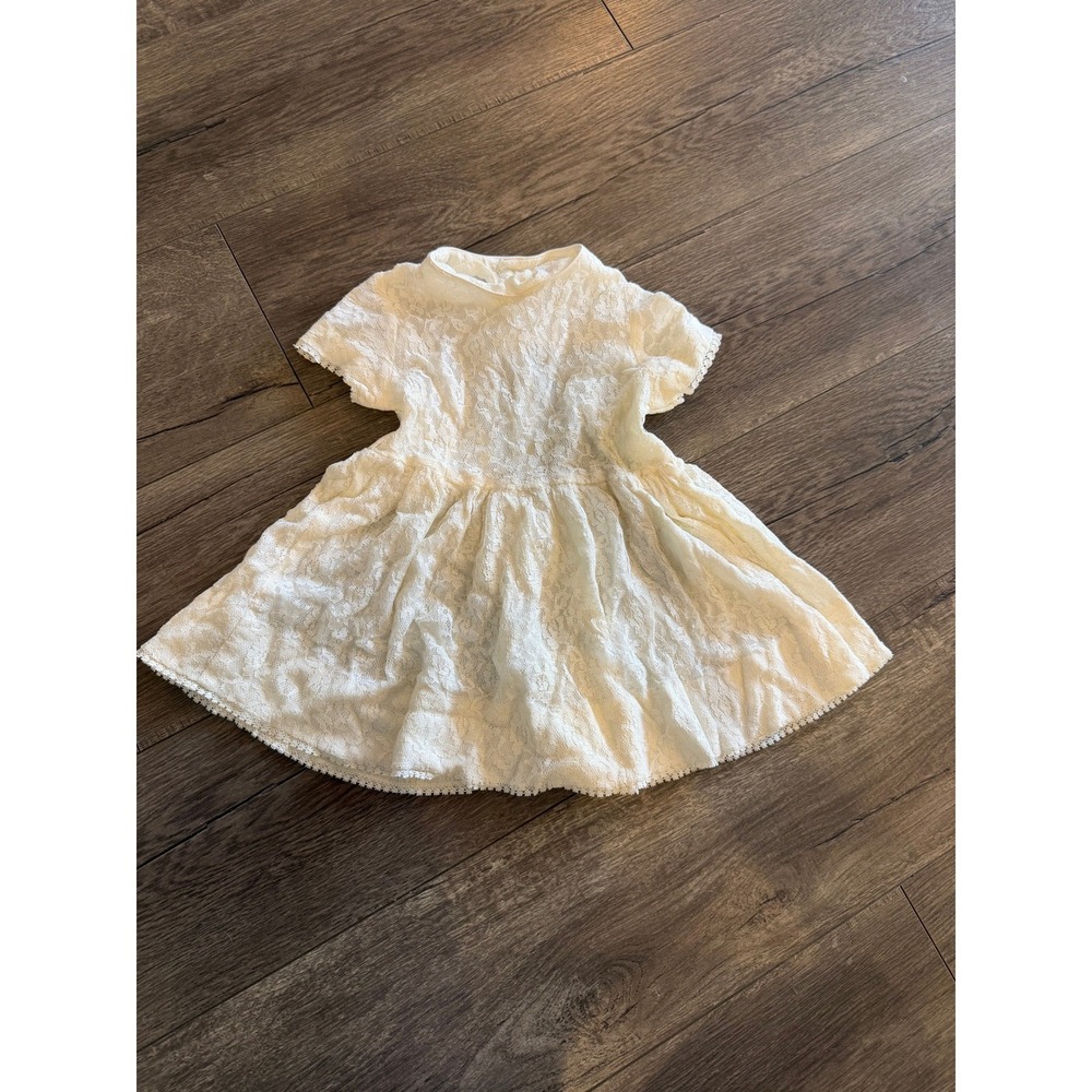 Vintage Ivory Floral Lace Button Back Baby Toddler Dress Cream Scalloped Trim